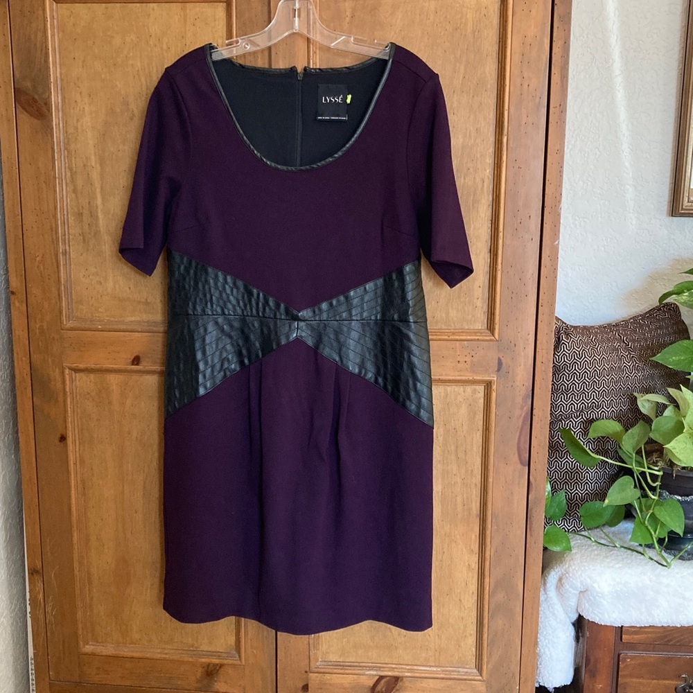 Lysse Faux Leather Trim Sheath Dress Size L Deep Purple Ponte Knit Stretch